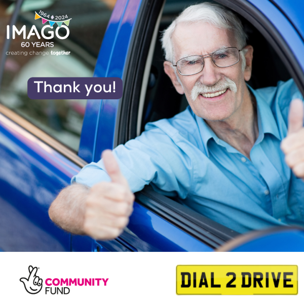 Photo of an older gentleman giving the thumbs up from the driving seat of a car. The image has the National Lottery Community Fund Logo and the words thank you on the photo.