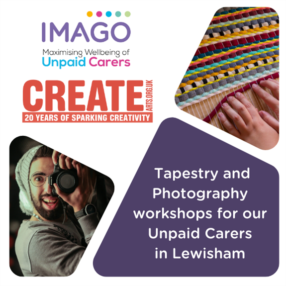 Image of someone holding a camera and a photo of a weaving loom. text that says tapestry and photography workshops for Unpaid Carers in Lewisham