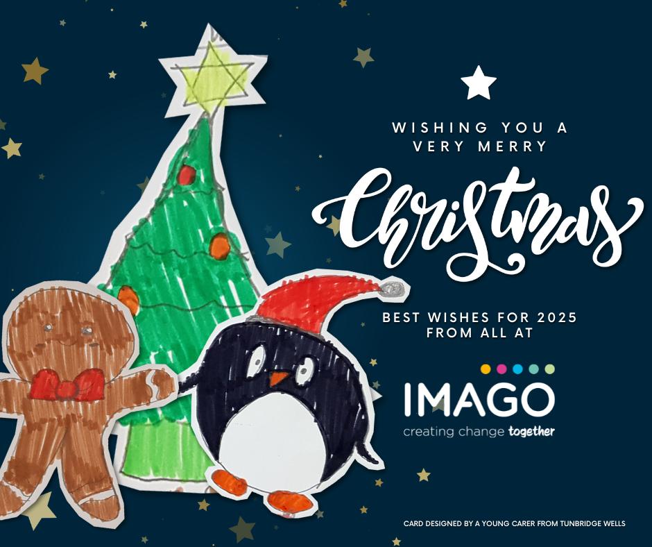 Christmas Card with a hand drawn tree, gingerbread man and a penguin, with text that says wishing you a very merry Christmas, best wishes for 2025 from all at Imago. The card was designed by a young carer from Tunbridge Wells.